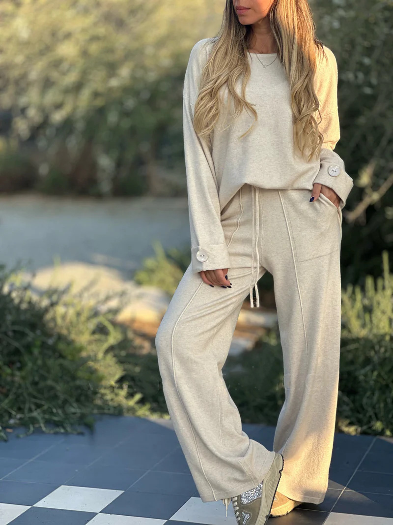 Round Neck Neckline Loose Fit Type Solid Color Pattern Daily Women's Casual Solid Color Polyester Pocket Pant Co-ord Set Pants Sets
