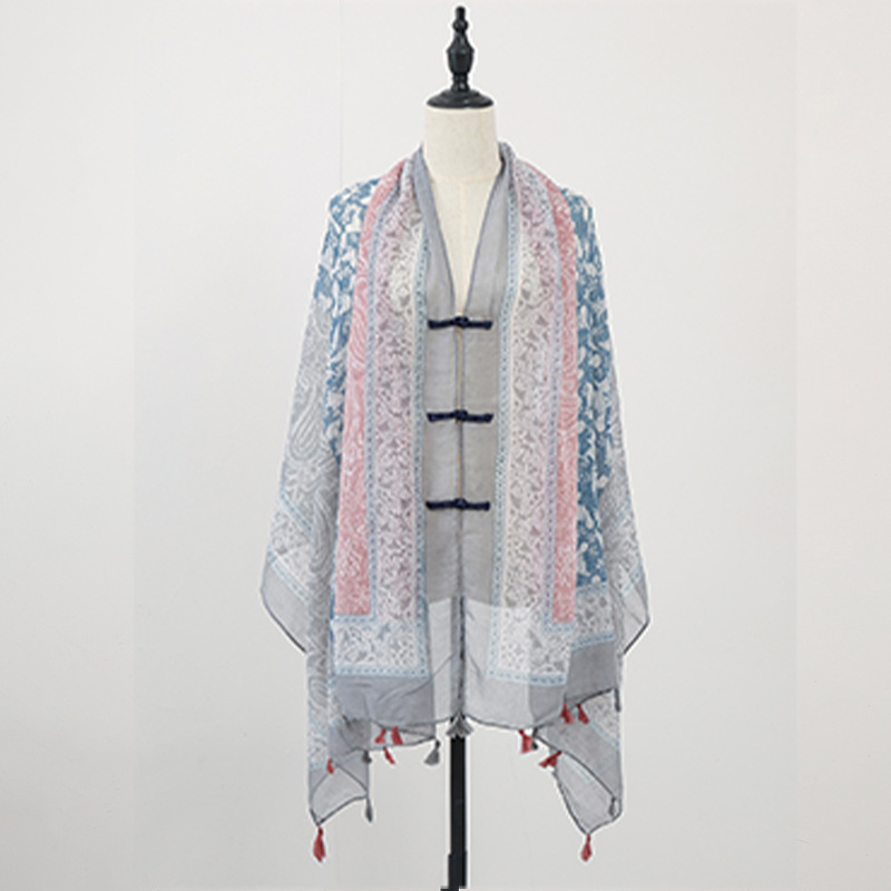 Chal de verano con falda, estampado de verano, nuevo estilo chino, bufanda de seda con hebilla, chal de protección solar, chaleco pequeño