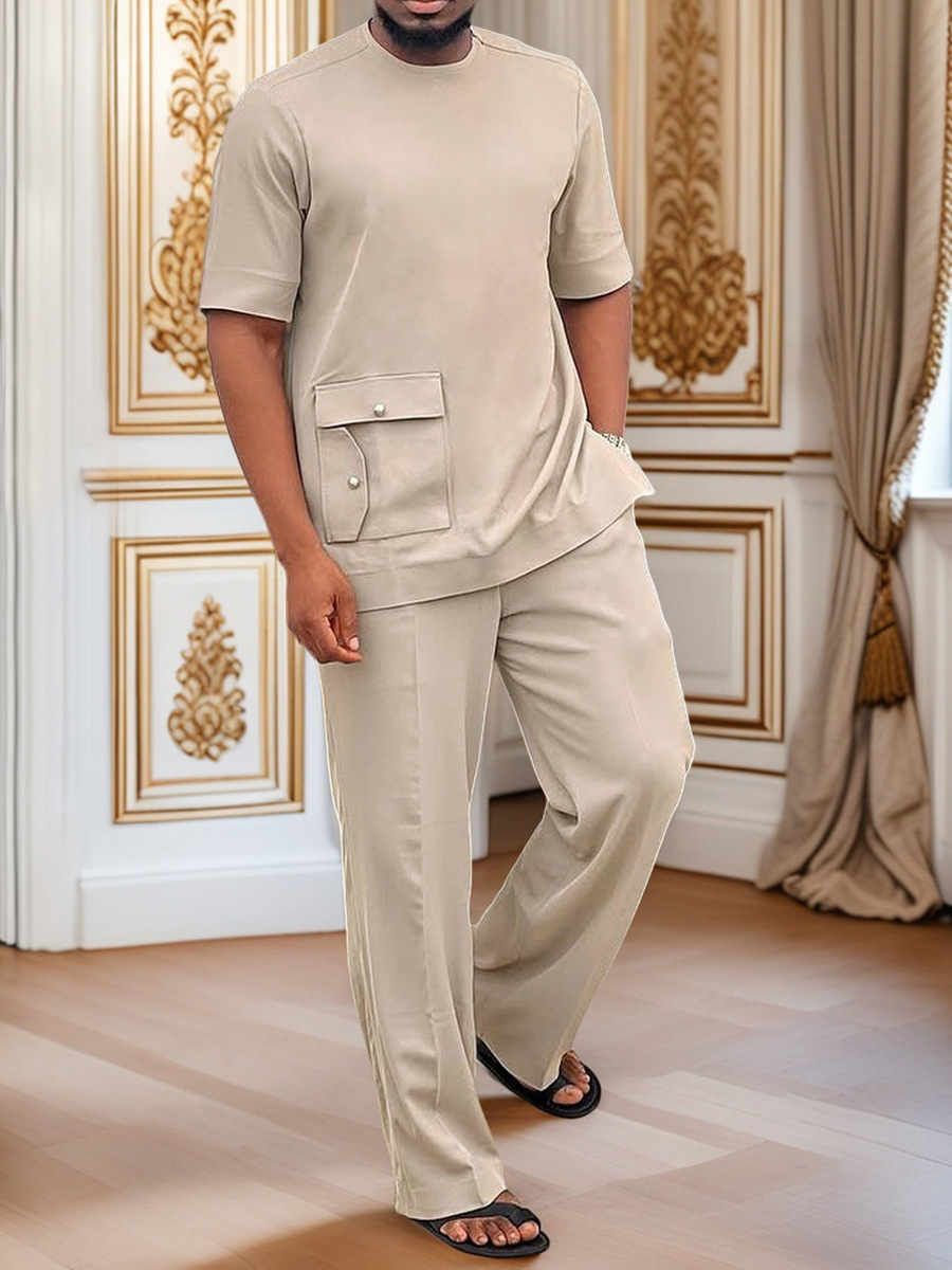 Completo casual da uomo con camicia e pantaloni con stampa africana, a maniche corte, tribale, per festival, color cachi, taglia XS-XXL_voghion.com