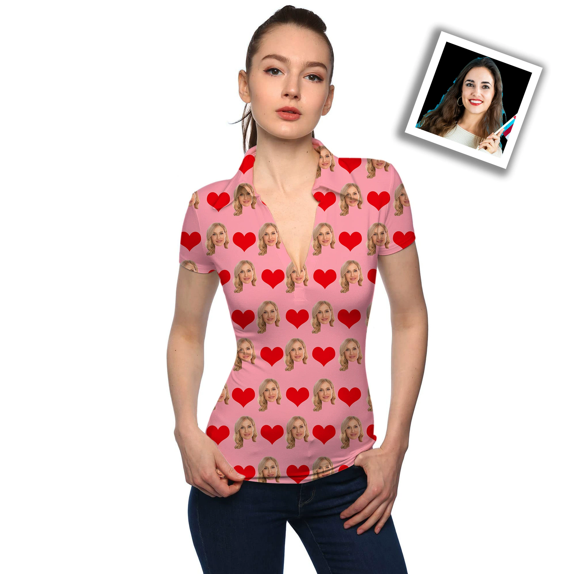 Женский поло V-образный вырез сексуальный с короткими рукавами лицо заменяет custom face photo