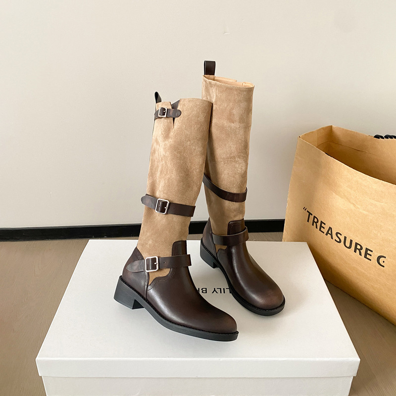 In-stock version~Vintage distressed Martin boots for women with internal height increase, belt buckle, chunky heel, cowboy boots, distressed wrinkled riding boots In-stock version~Vintage distressed Martin boots for women with internal height increase, belt buckle, chunky heel, cowboy boots, distressed wrinkled riding boots