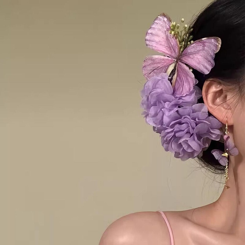夏季氛围感仿真花朵发夹超仙侧边飘带头饰发饰海边拍照出片神器|undefined