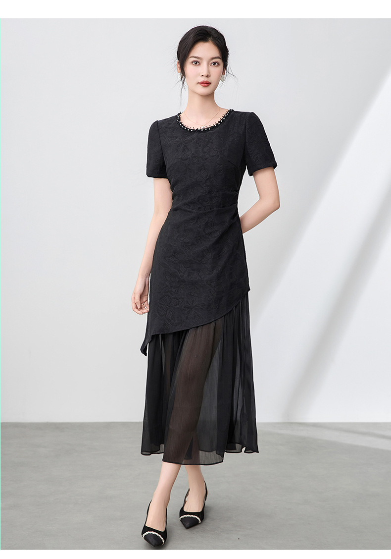 Váy maxi nữ cổ tròn đính cườm họa tiết bướm jacquard phong cách Trung Quốc — Màu đen chi tiết 13