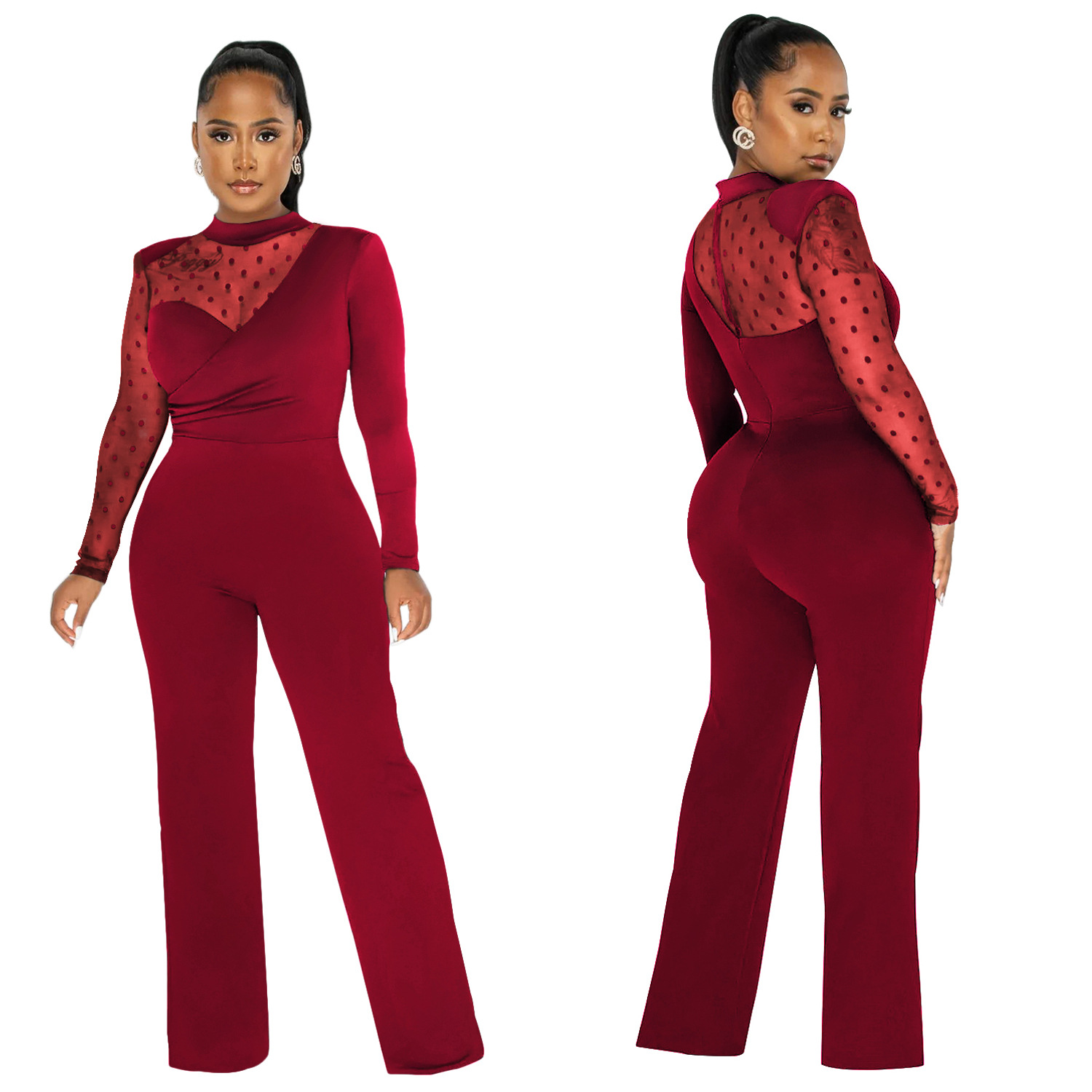 Women's Clothing fashion women's polka dot mesh see-through long-sleeved trousers solid color jumpsuit_voghion.com