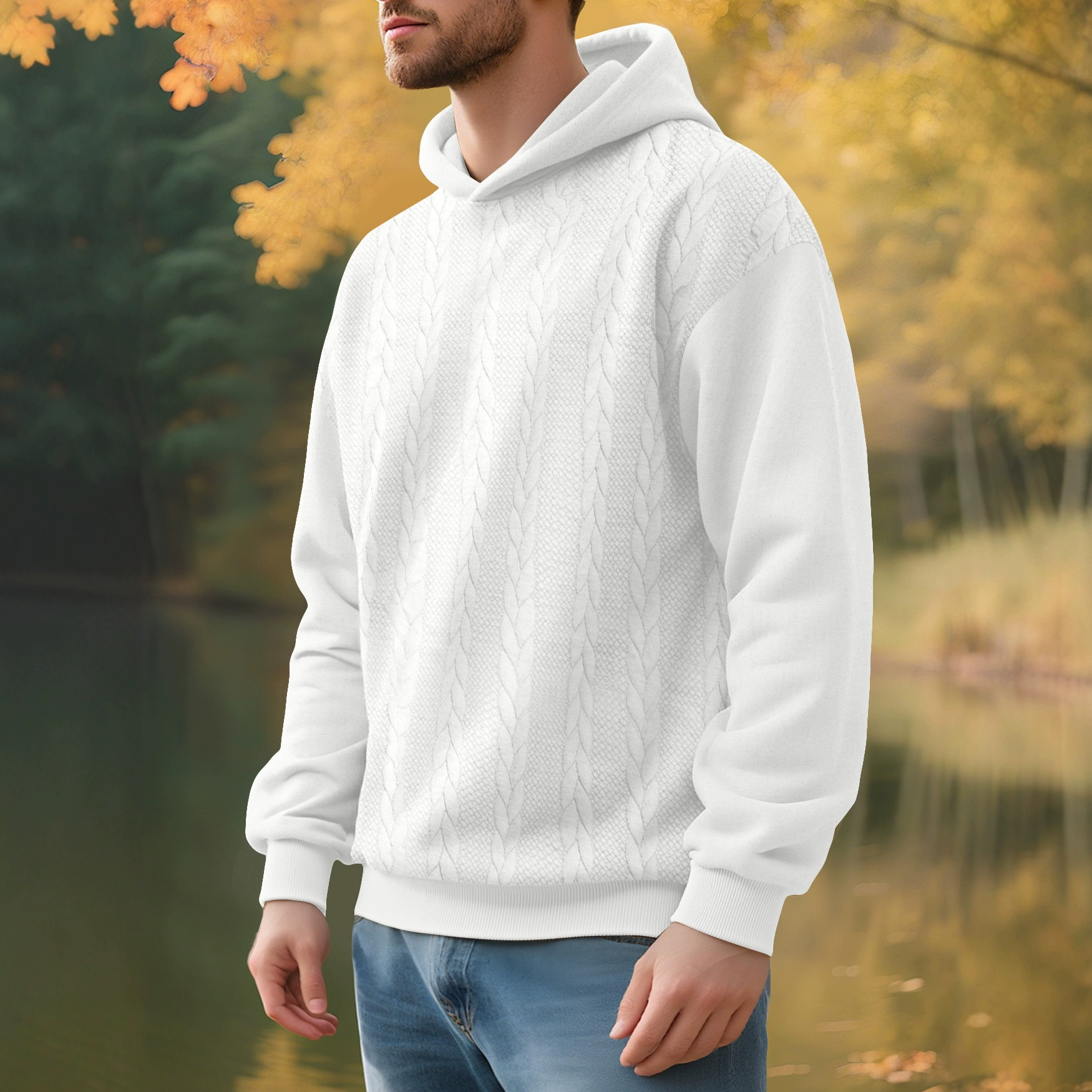 Hombres transfronterizos europeos y estadounidenses de tamaño grande otoño y invierno ocio nuevo Jacquard grueso chaqueta con sombrero de manga larga chaqueta de hombre hombre