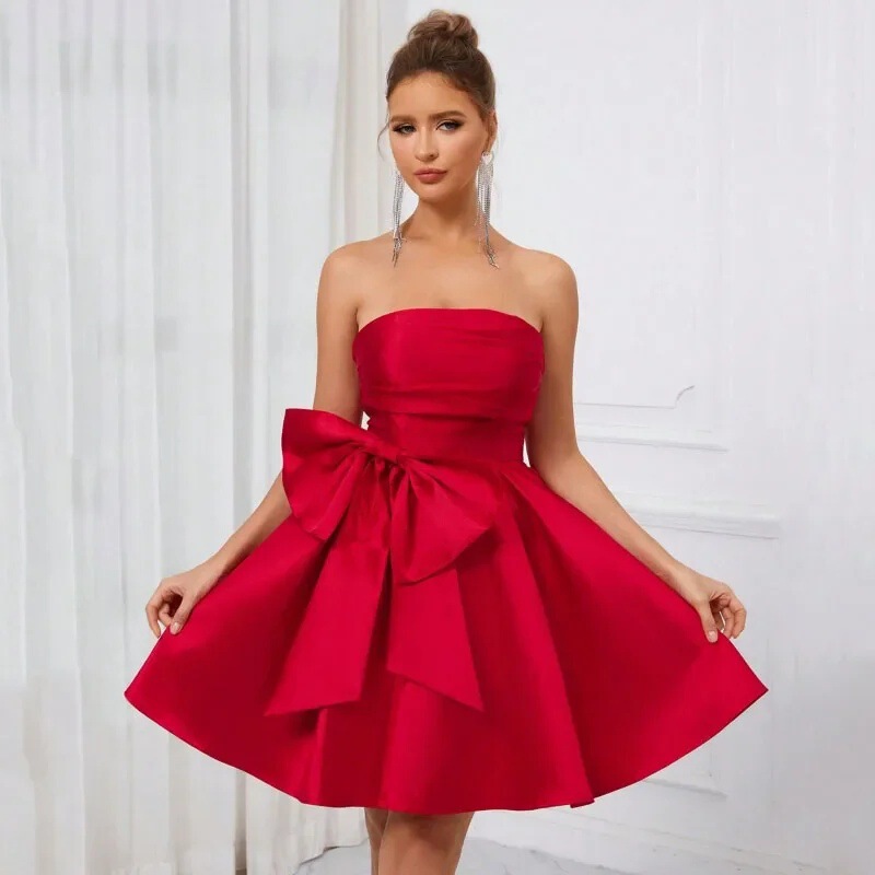 Foreign Trade Strapless Red Satin Short Evening Dress for Women 2026 with Large Bow, Waist-Cinching A-Line Skirt for Graduation Prom Foreign Trade Strapless Red Satin Short Evening Dress for Women 2026 with Large Bow, Waist-Cinching A-Line Skirt for Graduation Prom
