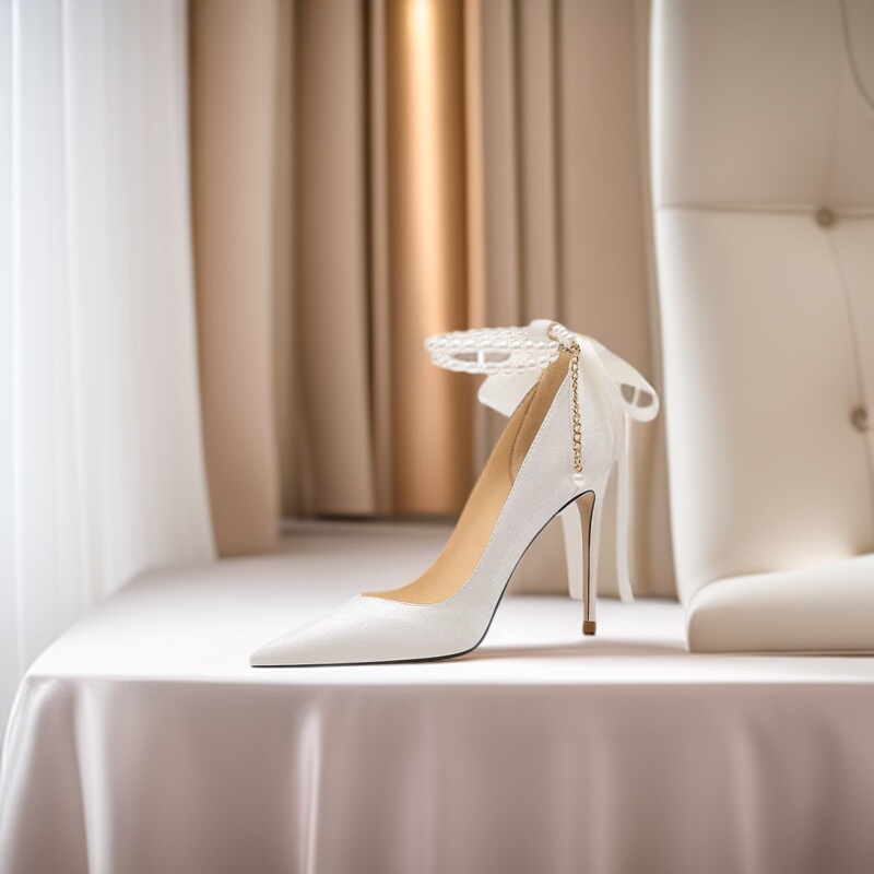 Pearl Satin Wedding Shoes, White Stiletto Heels, Large Size Genuine Leather Hollow Single Shoes, Korean Style Fairy Shoes with Chain, Bridesmaid Shoes for Women Pearl Satin Wedding Shoes, White Stiletto Heels, Large Size Genuine Leather Hollow Single Shoes, Korean Style Fairy Shoes with Chain, Bridesmaid Shoes for Women