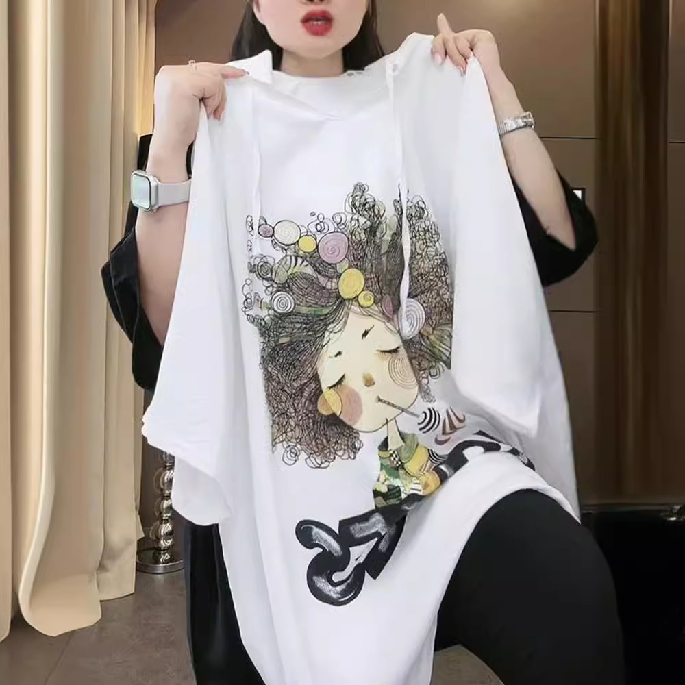 Productos europeos verano nuevo estilo suelto viento casual estampado de dibujos animados con capucha top de manga corta camiseta delgada de longitud media