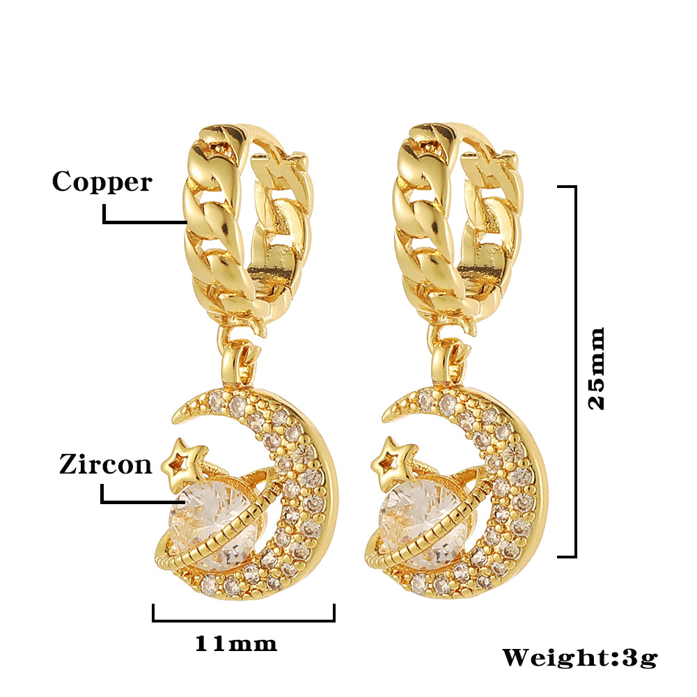 Shiny Moon Planet Copper Gold Plated Zircon Drop Earrings 1 Pair