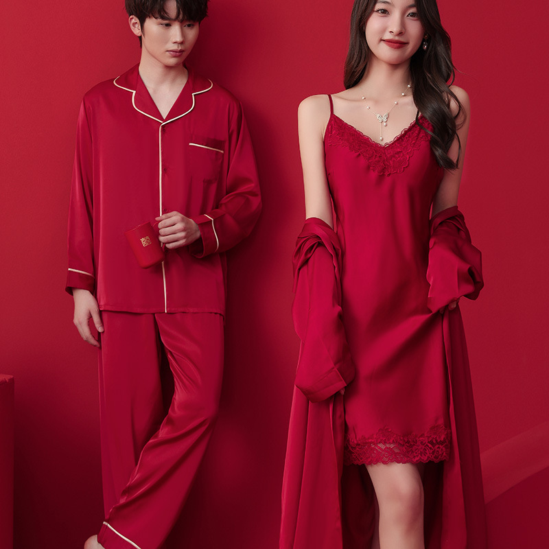 Pajamas wedding wedding couple high-end wedding spring and autumn ice silk red silk men's and women's wedding dowry suit Pajamas wedding wedding couple high-end wedding spring and autumn ice silk red silk men's and women's wedding dowry suit