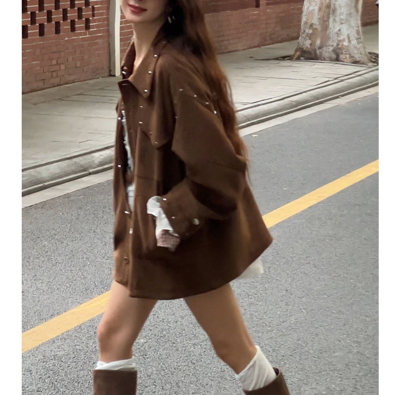 美拉德重工铆钉设计感服外套女2025春秋款美式复古棕色工装夹克潮|undefined