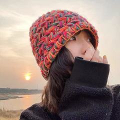 霓虹彩色盆帽拼色手工针织帽渔夫帽女士甜美百搭毛线帽清新甜美风