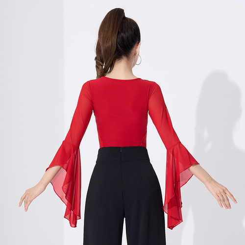Modern dance top Latin dance practice national standard ballroom dance jitterbug fashion dance top trumpet sleeve performance clothing
