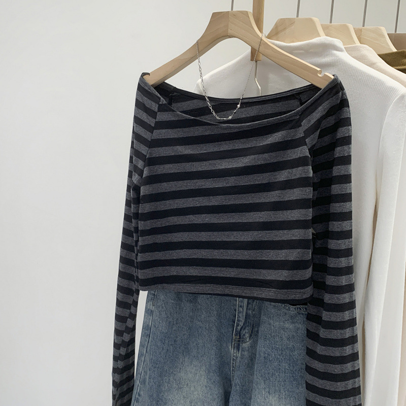 American European Style Off-Shoulder Striped Long-Sleeve T-Shirt for Women Early Autumn 2025 New Unique Beautiful Niche Non-Colliding Short Top