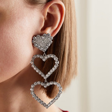 欧美跨境爱心耳环轻奢风气质温婉镂空爱心长款耳坠水钻高级感耳夹