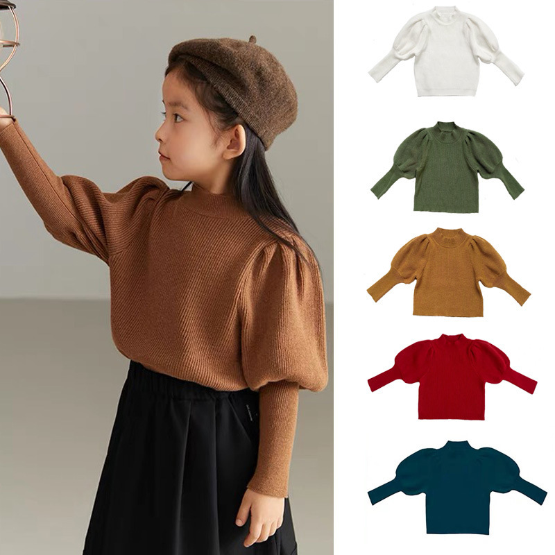 Autumn and Winter Girls' Half-Turtleneck Sweater, Fashionable Puff Sleeve Knit Top, Wool Sweater, Skin-Friendly Trendy Ins Style
