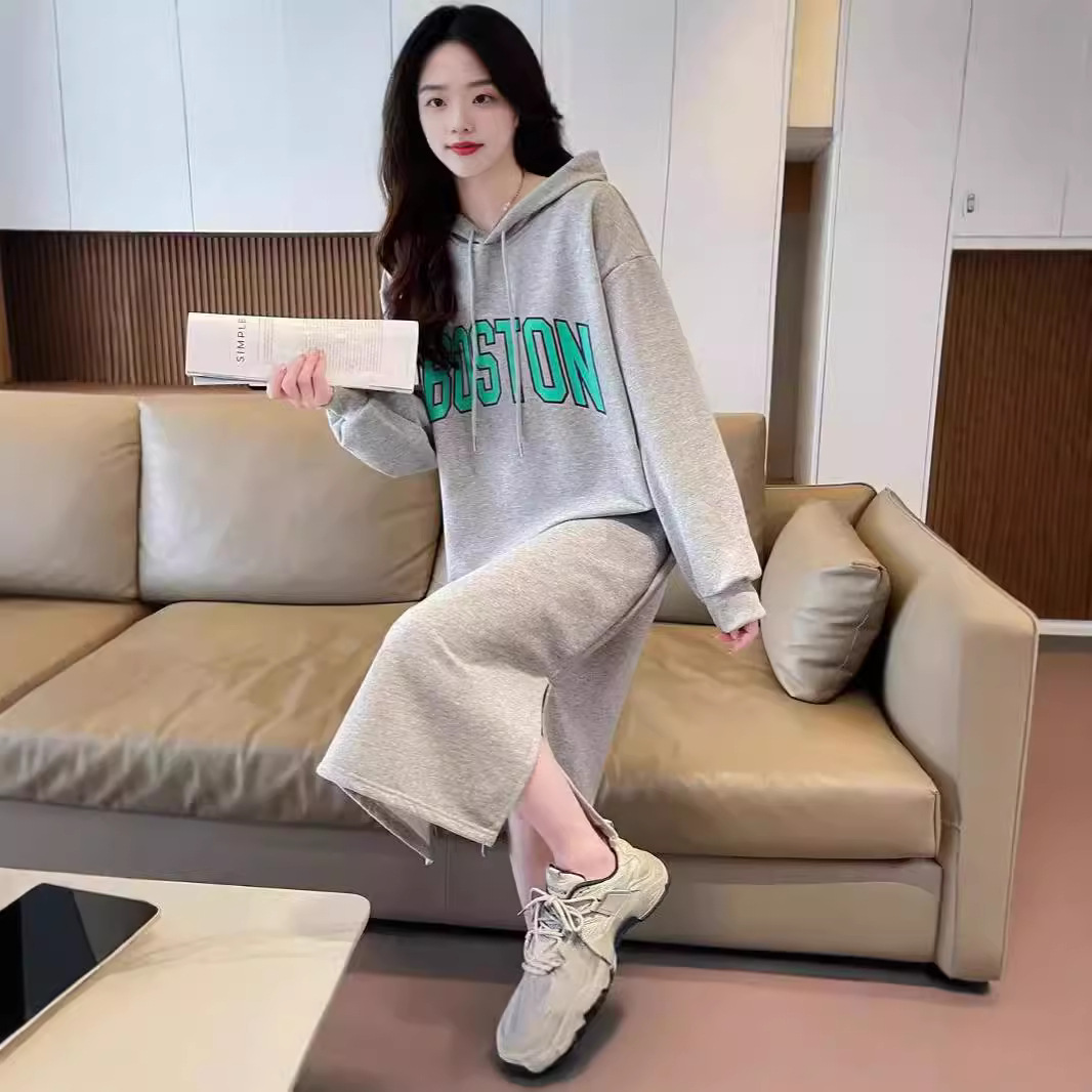 가을과 겨울 기모 긴 무릎 위 땀 원피스 편지 여성의 한국식 느슨한 두꺼운 캐주얼 긴 원피스 트렌디