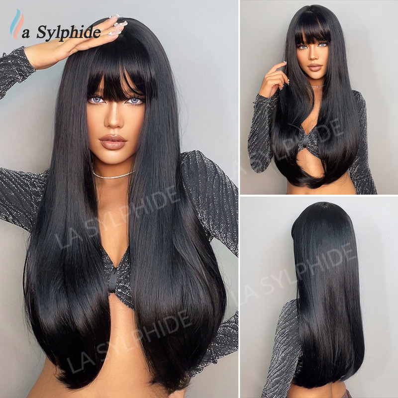 Black Long Straight Wig Women's Black Straight Bangs Domestic Kawaii Smooth Natural Long Straight Hair Factory