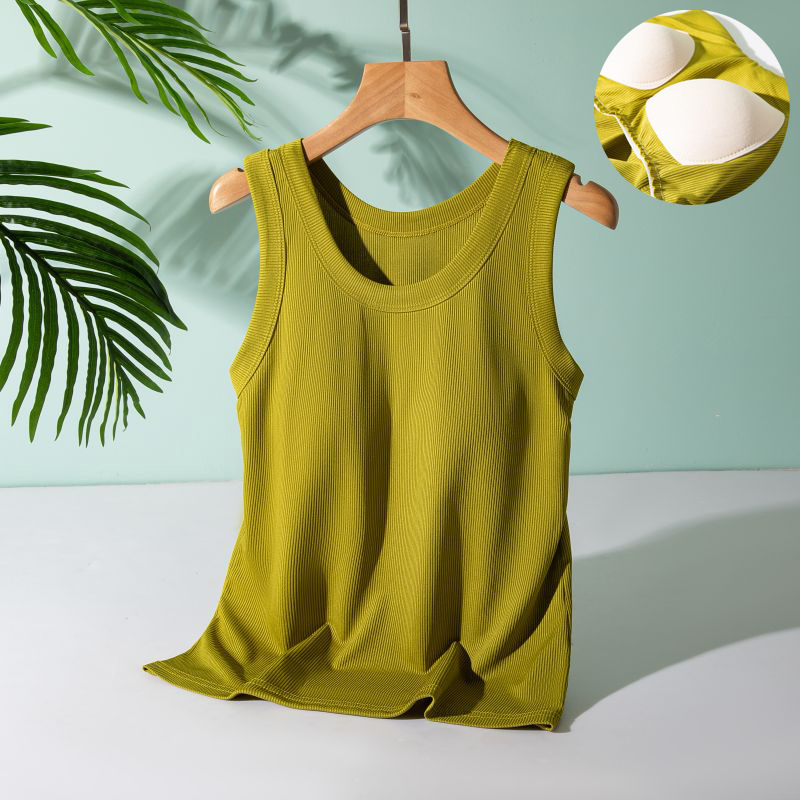 Ribbed Cotton Camisole with Built-In Chest Pads for Women, Summer Thin Slim-Fit Base Shirt, Sleeveless Tank Top, Home Wear Top Ribbed Cotton Camisole with Built-In Chest Pads for Women, Summer Thin Slim-Fit Base Shirt, Sleeveless Tank Top, Home Wear Top
