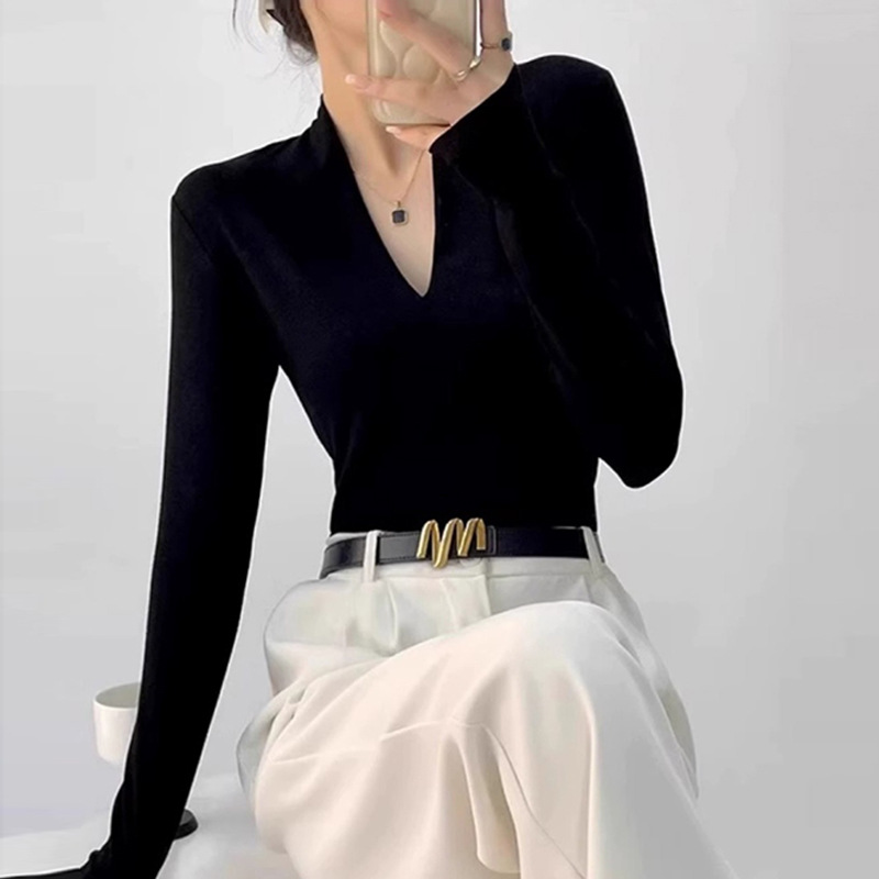 가을 겨울 여성용 블랙 브이넥 밑단 셔츠, 슬림핏, 핫걸 로우넥 티셔츠, 긴팔 섹시 퓨어 러스티 이너탑