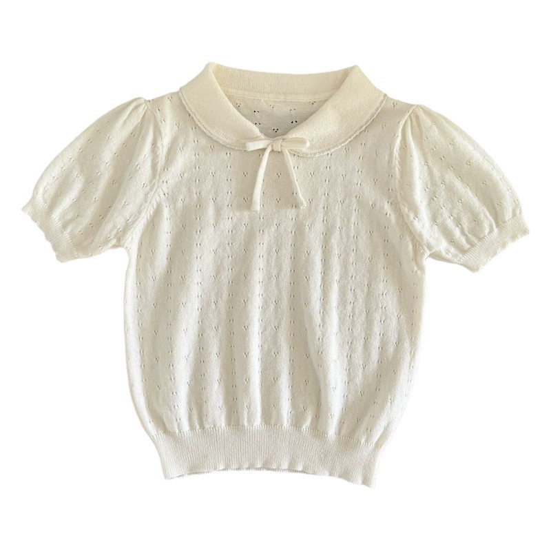 Японская детская одежда для девочек с отворотом и короткими рукавами вязаный свитер милый бант с короткими рукавами футболка Ins женское сокровище с короткими рукавами топ