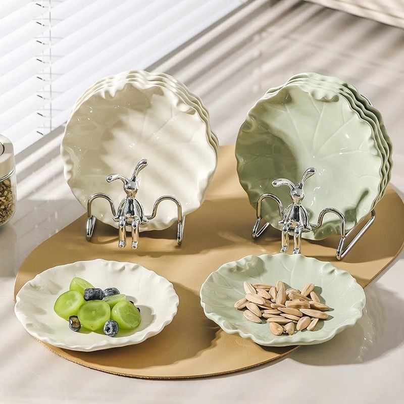 Lotus Leaf Ceramic Spit Bone Plate, Accessible Luxury Snack Plate, Dessert Plate, Dried Fruit Plate, High-Looking Small Plate with Storage Rack Set