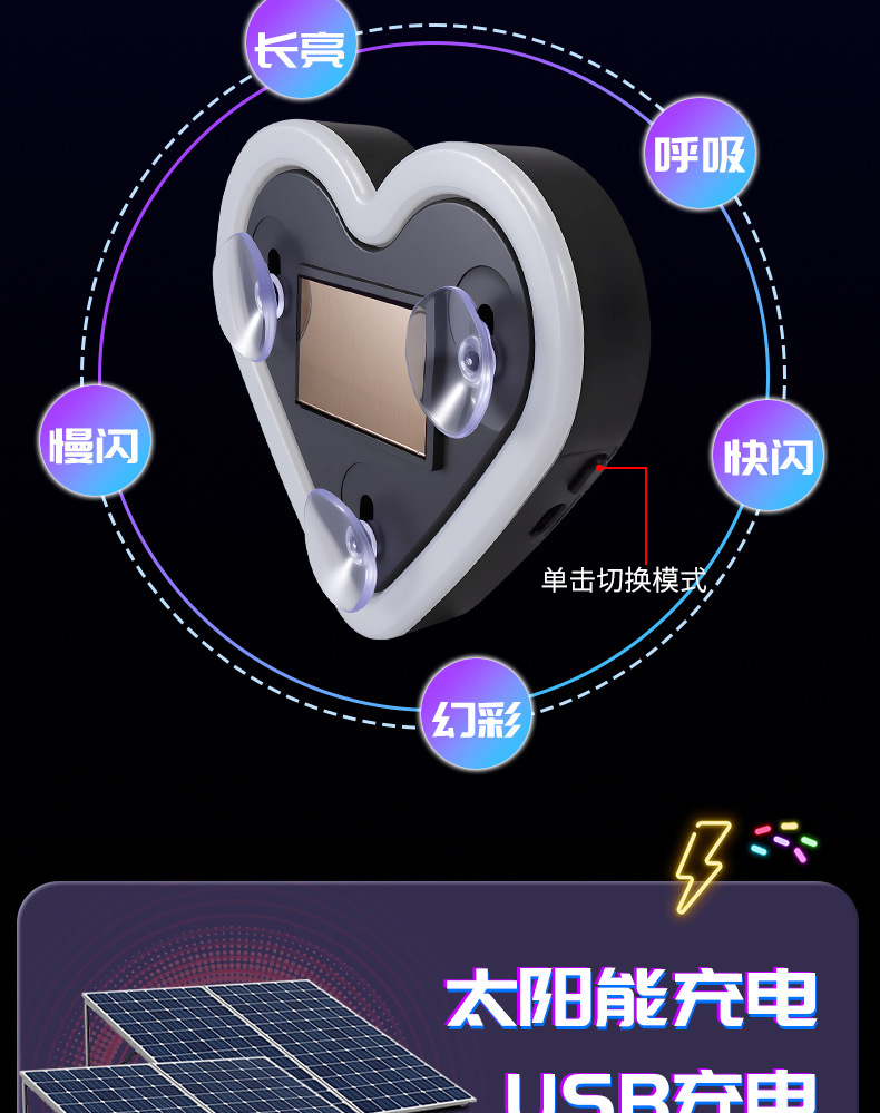 Car Heart-Shaped Light, Solar Decorative Light, Led Warning Light, Triangular Window Rear Window Car-Mounted Fun and Cute Atmosphere Light