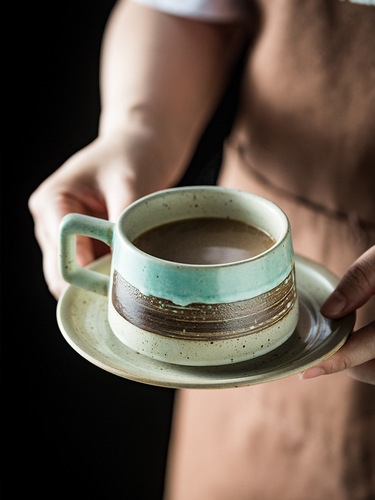 时尚复古粗陶咖啡杯碟套装 简约高颜值陶瓷杯子花茶杯早餐杯家用