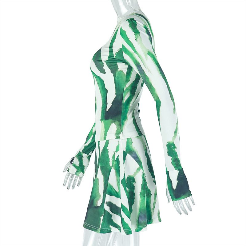 Micro Transparent High Collar Skirt Set Printed Loose Waist Wrap Two Piece Set Fresh Trendy Women Clothing