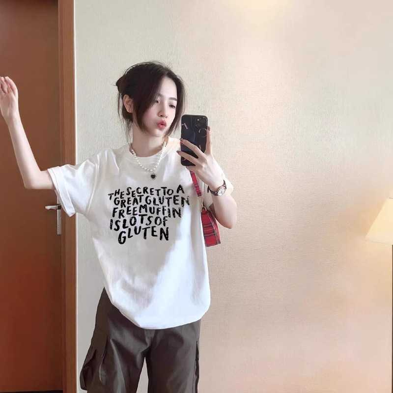 American-Style White Pure Cotton Short-Sleeve T-Shirt for Women, Summer 2026 New Popular Model, Loose Design, Niche Lazy Style Top