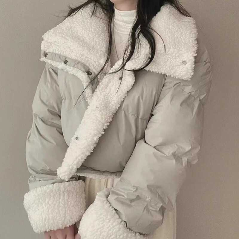 双面穿羊羔毛棉服女短款翻领外套韩版仿宽松长袖面包服外搭棉衣冬|undefined