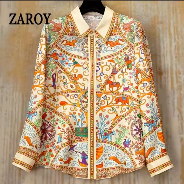 Fanieces Retro Printed Women's Shirt, Fashionable Luxury Brand Design Long-Sleeved Shirt, Spring and Summer Style