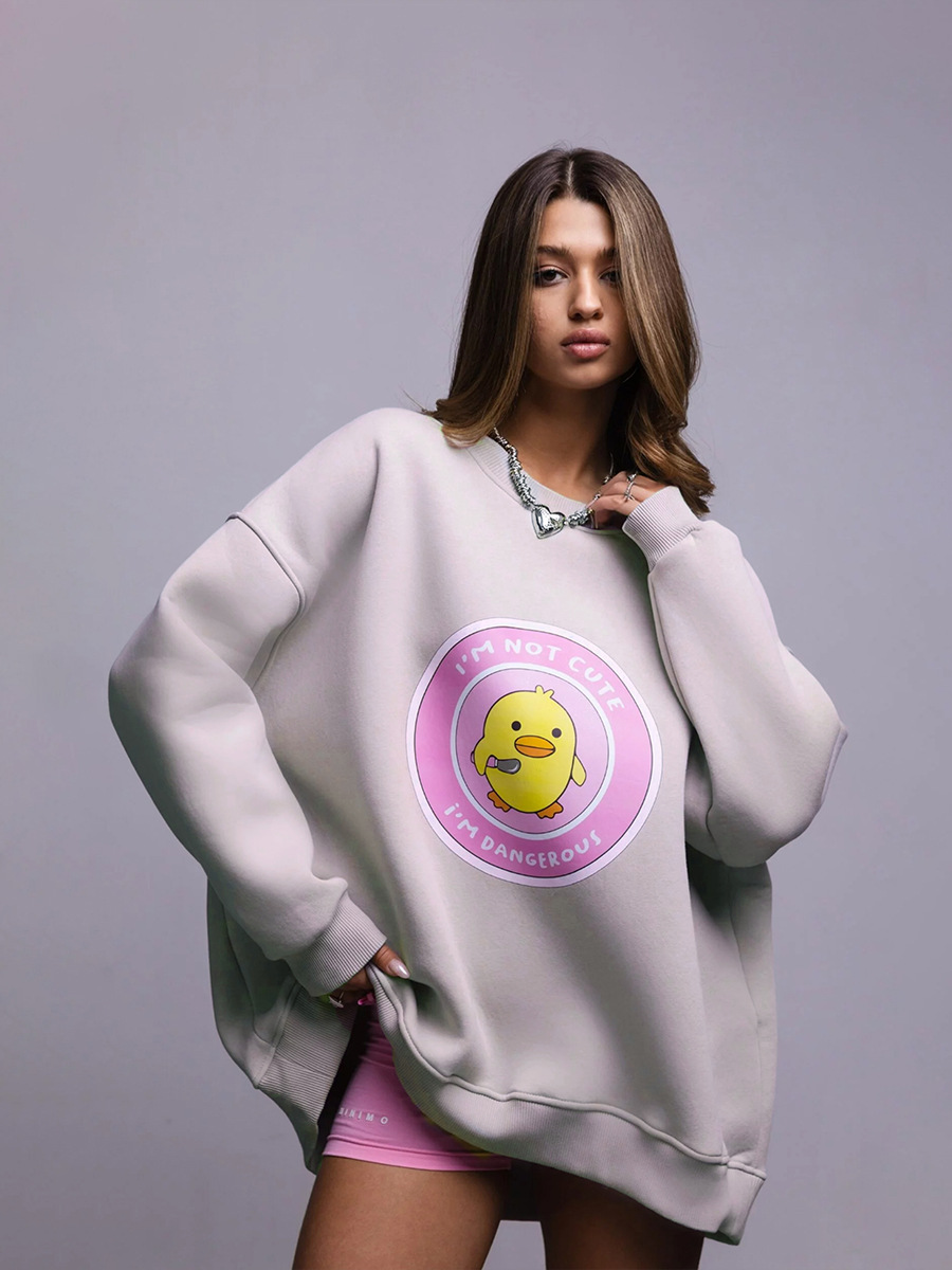 Transfronterizos cuello redondo impresión jersey Europa y América 2025 otoño nuevo estilo de mujer estilo deportivo pato amarillo + letras impresión jersey
