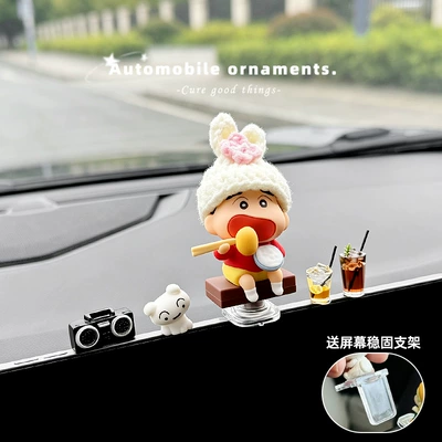Shin-chan car dashboard ornament: Car ornaments - rotatable-rabbit-hat-shin-chan-shiro-radio-2-drinks-comes-with-l-shaped-base-adhesive-sticker