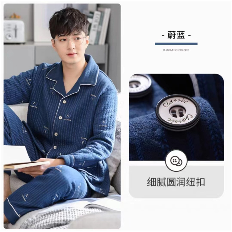 Capa de aire de tres capas traje acolchado pijamas hombres Otoño e Invierno carta bordado prendas de vestir exteriores homewear