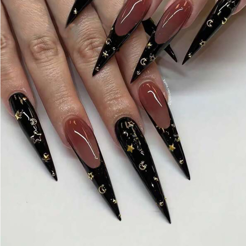 Wearable Manicure Long Pointed Manicure Dark Star Moon Black French Cross-Border Wearable Fake Nails Wholesale