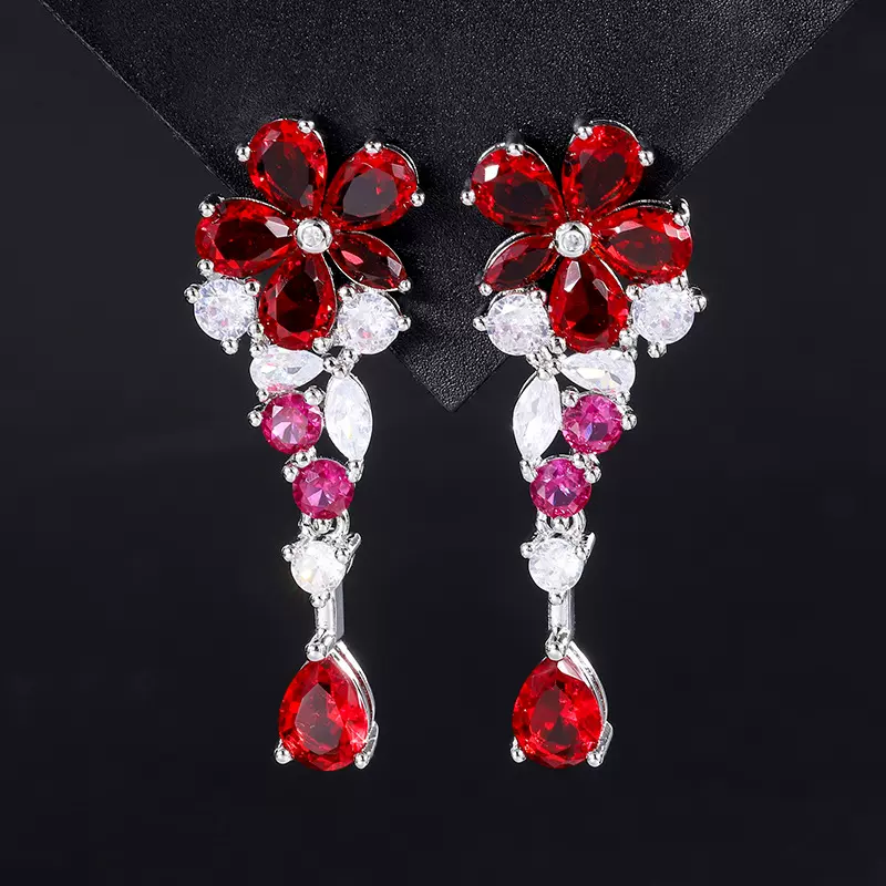 2023年新款女士耳坠潮流款ins个性时尚百搭红宝色樱花流苏耳坠