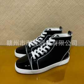 cl andgz男鞋黑色牛漆皮铆钉高帮系带logo红底鞋情侣女鞋休闲板鞋