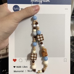 棕色方格陶瓷小熊手機掛繩diy串珠鏈條韓系ccd相機鑰匙短款防丟繩