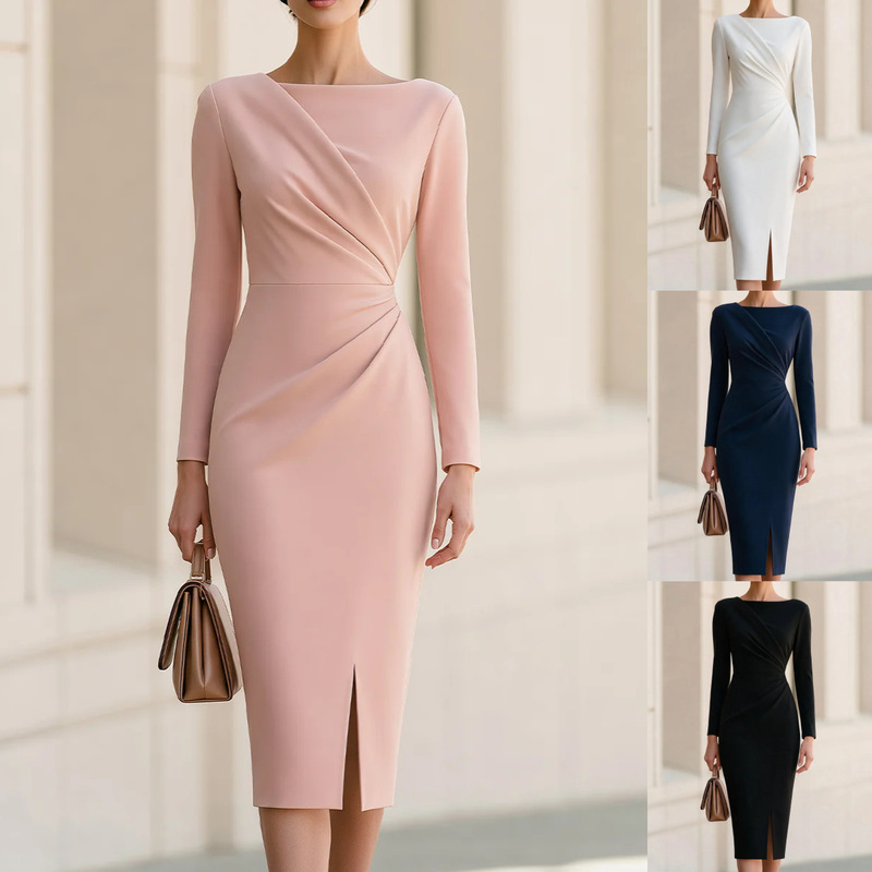 Cross-border European and American women's clothing, off-shoulder long-sleeve commuter dress, pleated waist, slit, bodycon mid-length elegant dress