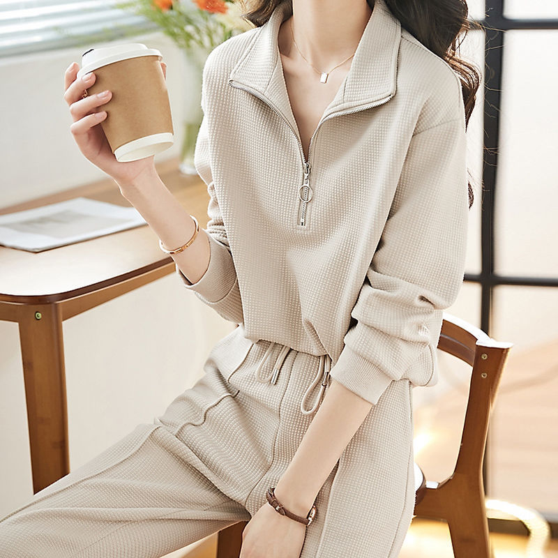 Two-Piece Waffle Casual Sports Suit Women's Trousers Spring and Autumn Lapel New Style Simple Long-Sleeved Sweatshirt