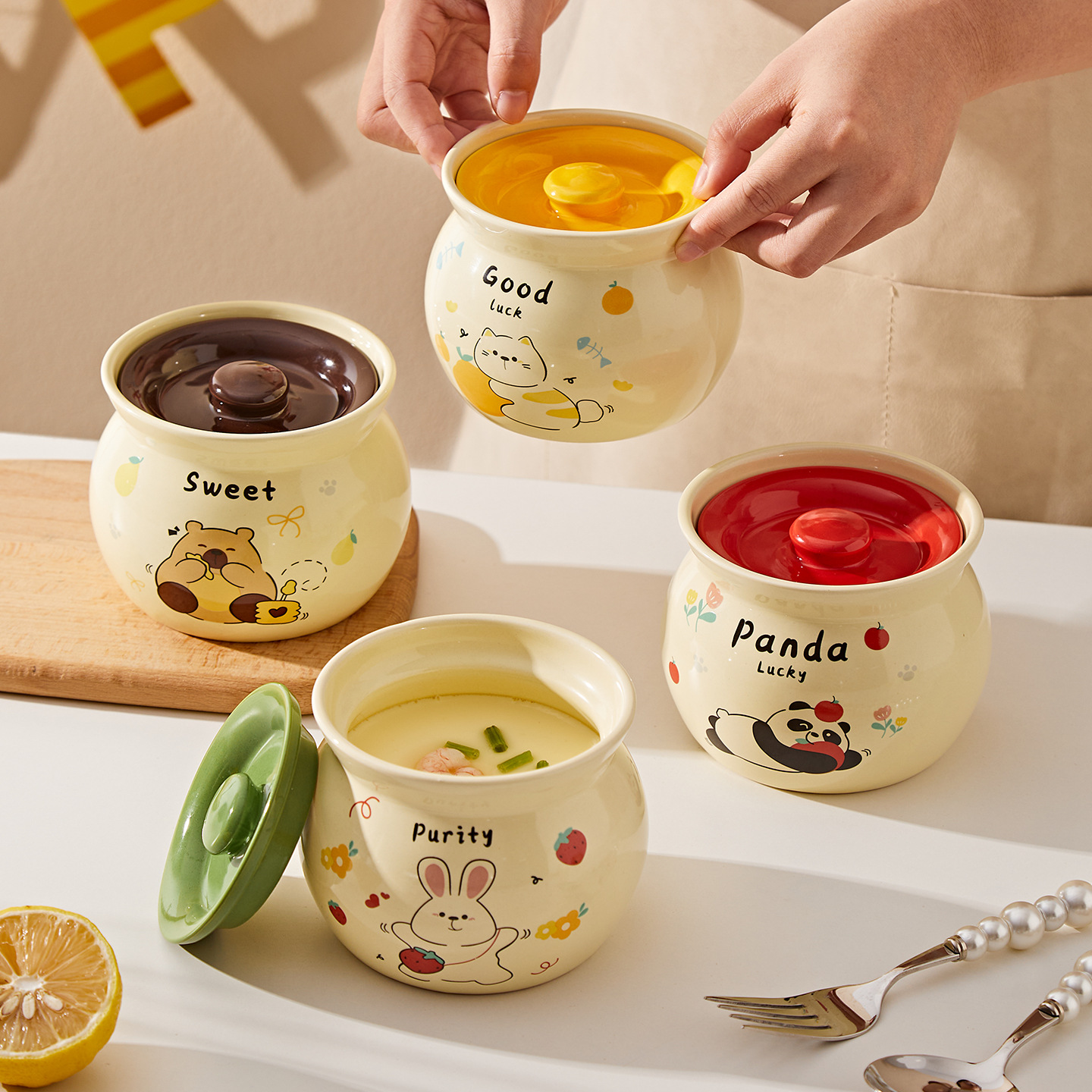 Steamed Egg Bowl with Lid, Ceramic Stew Pot, Ceramic Soup Cup, Steamed Egg Custard Special Bowl, Household Baby Food Supplement Tableware