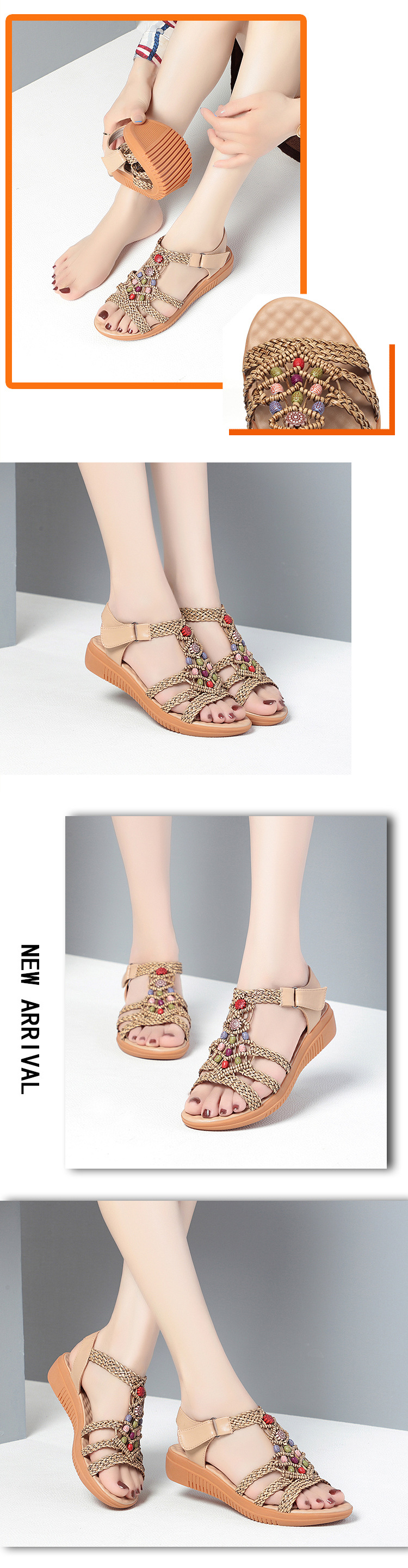 Dép sandal nữ xỏ ngón đế bệt bohemian dệt cut out — màu be chi tiết 5