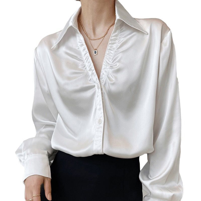 Shanli Dadi Acetate Satin White Shirt for Women with a Unique Design, Niche Spring and Autumn Pleated V-Neck Shirt with a Chic Inner Layer