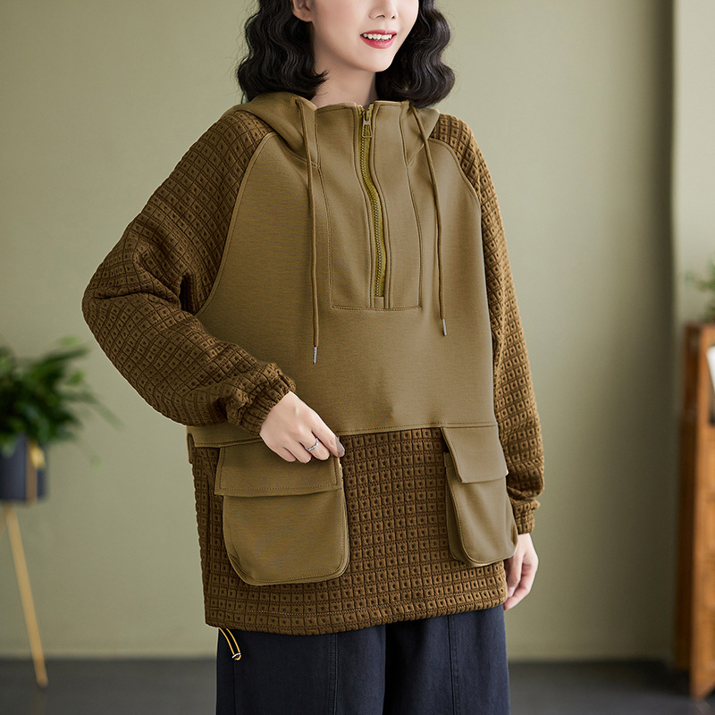 리얼 샷 가을과 겨울 새로운 두꺼운 패셔너블 한국 스타일 슬리밍 올매치 우아한 컬러 스티칭 후드 지퍼 땀