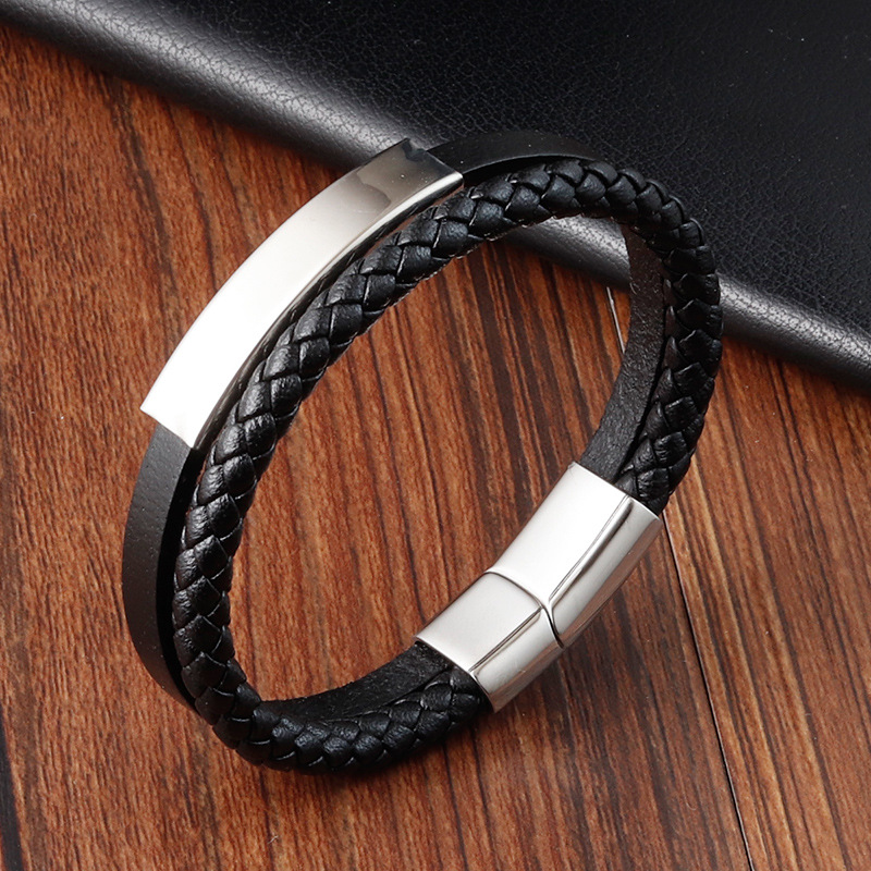 Leather Rope, Titanium Steel Chain Material Vintage Style Classic Style Geometric Pu Leather Titanium Steel Polishing Men's Bracelets Men Cord & Leather Bracelets