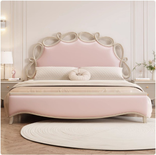 American Style Entry Luxury Solid Wooden Bed 1.8 m Double Bed Master Bedroom European Style Bow Princess Bed High-end French Style Internet Celebrity Bed