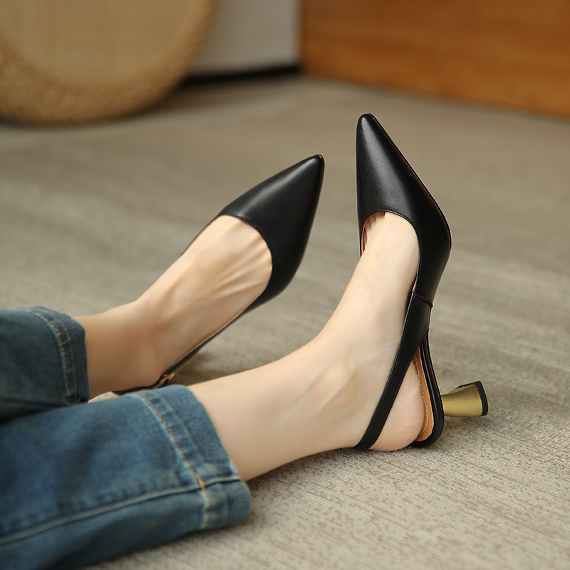 Huiyang French retro Baotou sandals women's medium heel soft leather stiletto high heels pointed toe summer new style_vogarts.com