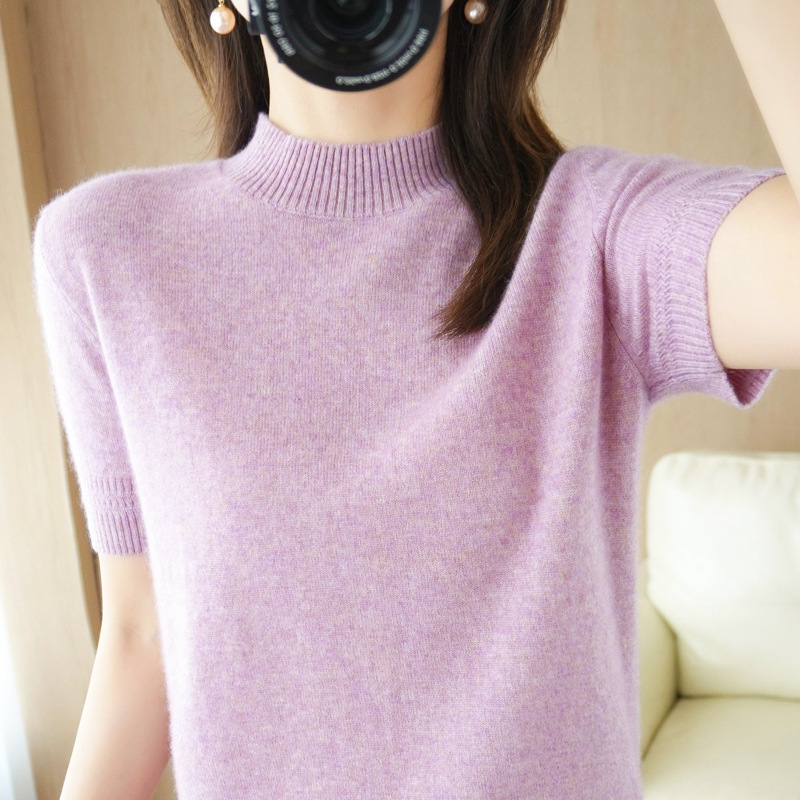 New Knitted Short-sleeved Loose T-shirt Inner Sweater Non-cashmere Base Shirt Spring and Summer Half High Neck Half Sleeve Top for Women