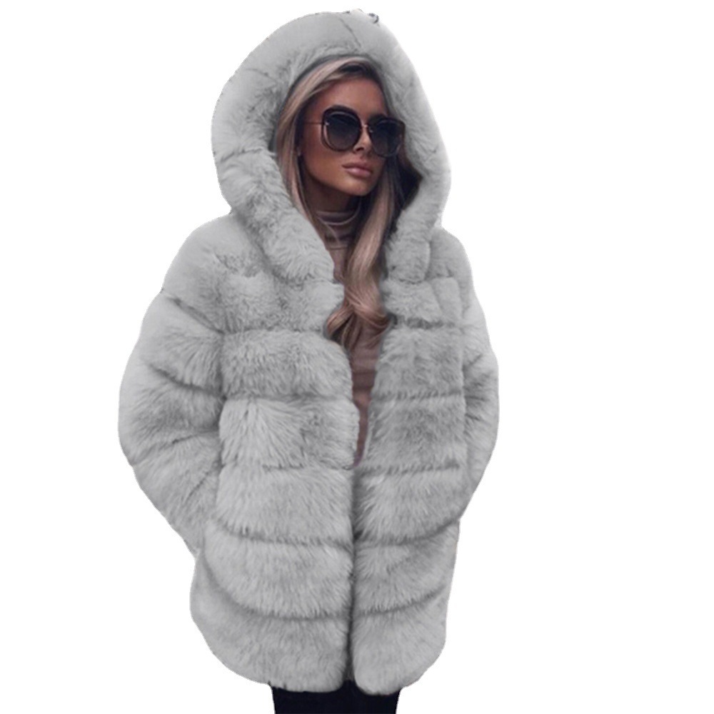 Women's Clothing Autumn and winter new women's mid length swing hood fur jacket top women's plush warm jacket_voghion.com